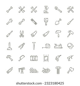 Construction tools line icon set with ax, hammer, wrench