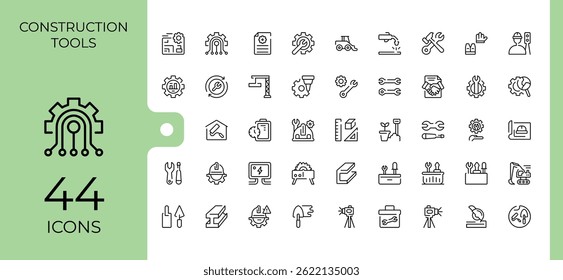 Construction Tools line icon set. Minimal icons collection. Includes symbols for equipment, mechanic, work, house. Editable stroke. Pixel Perfect. Tool simple icon set.