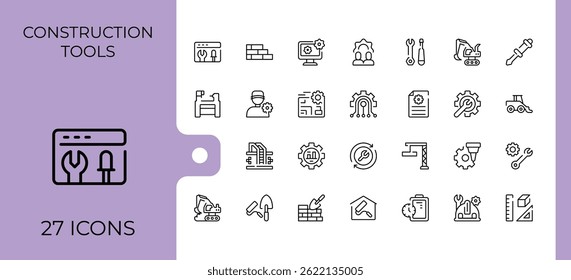 Construction Tools line icon set. Minimal icons collection. Includes symbols for equipment, mechanic, work, house. Editable stroke. Pixel Perfect. Tool simple icon set.