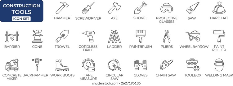 Construction tools line icon set.