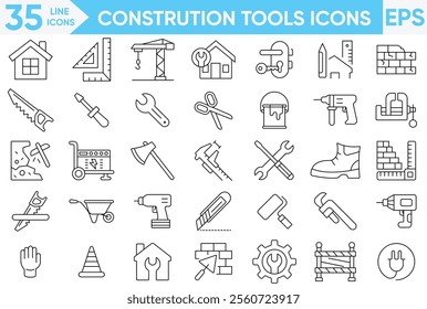 Construction tools line icon set.Construct, worker, tools, machines, oil, wall, drill, excavator and so on.vector and illustrator set.