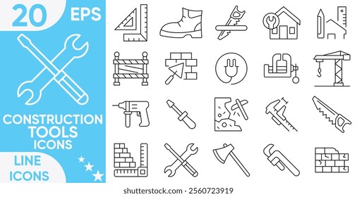 Construction tools line icon set.Construct, worker, tools, machines, oil, wall, drill, excavator and so on.vector and illustrator set.