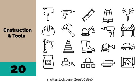 Construção e Ferramentas Linha Ícones Pack, Martelo, Broca, Chave inglesa, Capacete de segurança, Equipamento de construção