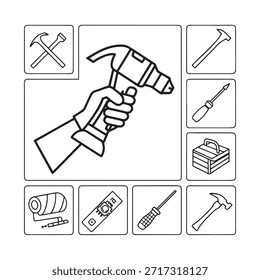 Conjunto de iconos de línea de herramientas de construcción. VECTOR de equipos de bricolaje.