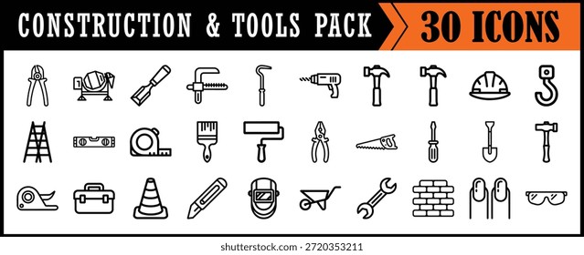 Conjunto de iconos de línea de herramientas de construcción, conjunto de iconos de línea mínima que muestra herramientas y equipos de construcción, ideal para constructores, contratistas, proyectos de bricolaje, App y gráficos de diseño industrial.

