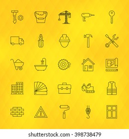 Construction Tools Line Icons Set over Yellow Background. Vector Set of Modern Thin Outline Items.