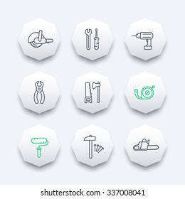 construction tools line octagon icons, vector illustration