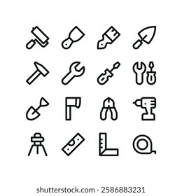 Construction tools line UI icons. Interface icons for web and app with editable stroke