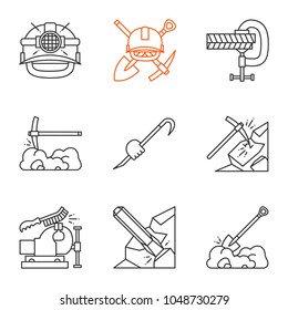 Construction tools linear icons set. Safety helmet, screw clamp, pickaxe, crowbar in hand, bench vice and wire brush, digging shovel. Thin line contour symbols. Isolated vector outline illustrations