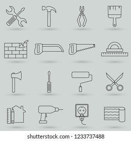 Construction tools linear icons set. Renovation and repair instruments. Thin line contour symbols. Isolated vector outline illustrations.