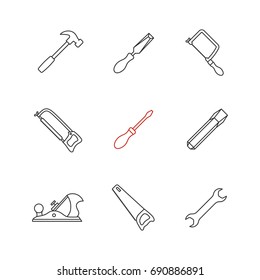 Construction tools linear icons set. Hammer, chisels, hacksaw, fretsaw, hand saw, jack plane, screwdriver, wrench. Thin line contour symbols. Isolated vector outline illustrations