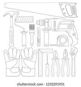 Construction tools linear set all of tools supplies for house repair and construction builder isolated on white background vector illustration