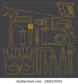 Construction tools linear set all of tools supplies for house repair and construction builder on black background vector illustration