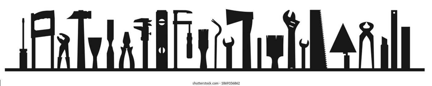 Construction tools. Logo, label. Bottom frame. For work as a painter, carpenter, builder, handyman. Repair and construction services. Sale of tools. Monochrome silhouette.
