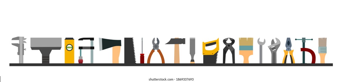 Construction tools. Logo, label. Bottom frame. For work as a painter, carpenter, builder, handyman. Repair and construction services. Sale of tools.