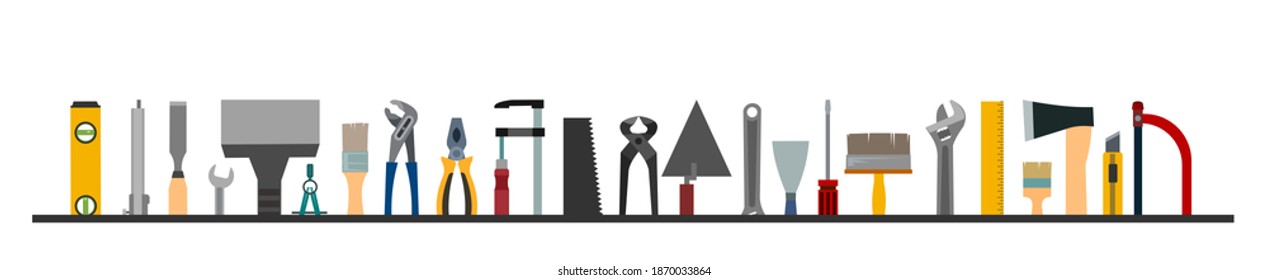 Construction tools. Logo, label. Bottom frame. For work as a painter, carpenter, builder, handyman. Repair and construction services. Sale of tools.