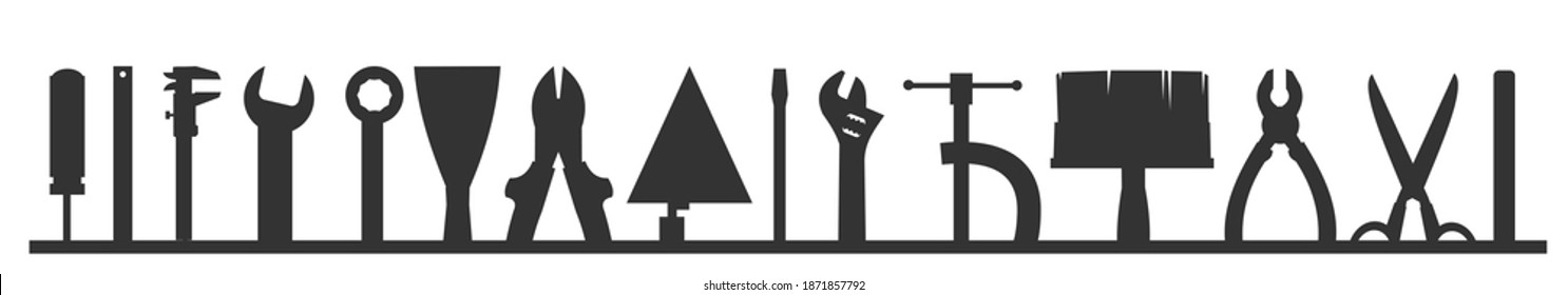 Construction tools. Logo, label. Bottom frame. For work as a painter, carpenter, builder, handyman. Repair and construction services. Sale of tools. Monochrome silhouette.