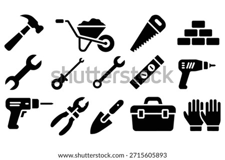 Construction tools and materials hammer wheelbarrow