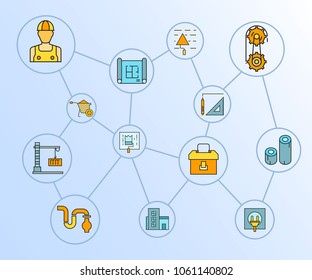 construction and tools network diagram in blue background