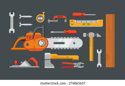 Construction tools objects vector icons, illustrations in flat style.