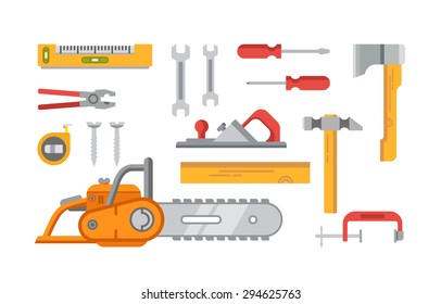Construction tools objects vector icons, illustrations in flat style.