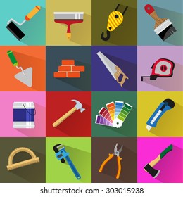 Construction tools on colored backgrounds. Flat style icon set 