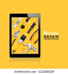 Construction tools online service ipad with set all of tools supplies for house repair builder on yellow background vector illustration