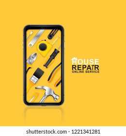 Construction tools online service phone with set all of tools supplies for house repair builder on yellow background vector illustration