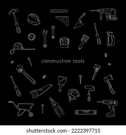 Herramientas de construcción. Esbozar elementos dibujados a mano. El concepto de renovación de viviendas, de construcción.