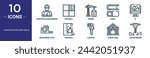 construction and tools outline icon set includes thin line construction worker, drywall, crane, steel, d, measuring tape, drywall icons for report, presentation, diagram, web design
