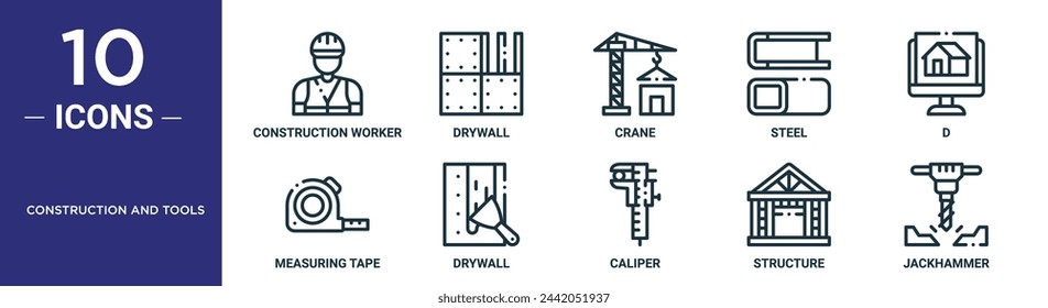 construction and tools outline icon set includes thin line construction worker, drywall, crane, steel, d, measuring tape, drywall icons for report, presentation, diagram, web design