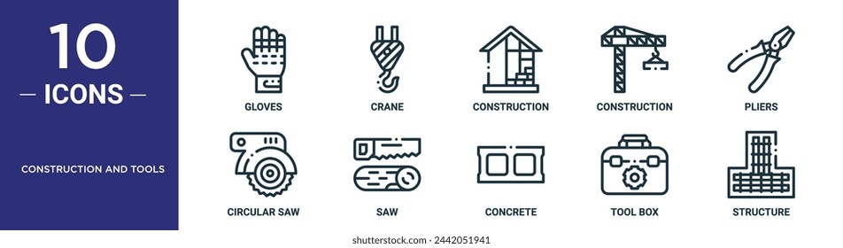 Konstruktion und Werkzeuge Umriss-Icon-Set umfasst dünne Linie Handschuhe, Kran, Konstruktion, Konstruktion, Zange, Kreissäge, Sägesymbole für Bericht, Präsentation, Diagramm, Webdesign