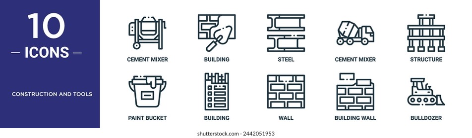 construction and tools outline icon set includes thin line cement mixer, building, steel, cement mixer, structure, paint bucket, building icons for report, presentation, diagram, web design