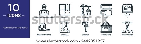 construction and tools outline icon set includes thin line construction worker, drywall, crane, steel, d, measuring tape, drywall icons for report, presentation, diagram, web design