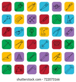 Construction tools outline icons set on a color square. Vector industrial thirty six signs collection.