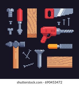 construction tools pixel art icons set, vector illustration.