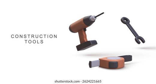 Construction Tools With Power Drill, Wrench, Tape Measure For Repair, DIY, Maintenance, Building, Modern 3D Render, Clean Minimal Style, Isolated On White, Vector Illustration.