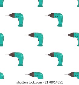 construction tools print, equipment house renovation seamless pattern, vector illustration of electric drill on white background
