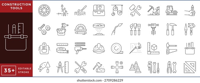 Construction tools related 36 line icons set. Vector editable stroke.
