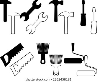 Construction tools for construction and repair. Black silhouette. Black outline.