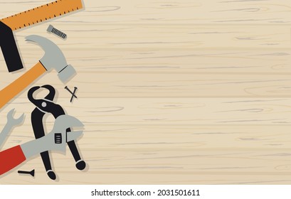 Construction tools for repair on wooden background. Vector flat template illustration. Concept of home repair, building services.