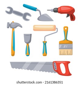 Construction tools or Repair tool set with saw, hammer, screwdriver and other in drawing style on white background, vector illustration