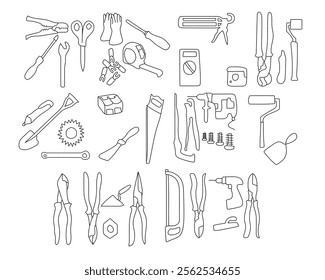 Construction tools repair worker tools vector illustration set. Instrument equipment for work on construction home renovation, Screwdriver hammer plastering trowel paint brush.