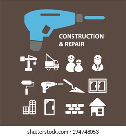 construction, tools, repair, works, builder, crane, windows, doors, city icons set, vector
