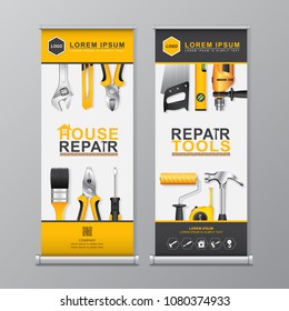 construction tools roll up design, standee and banner template decoration for exhibition, printing, presentation vector illustration