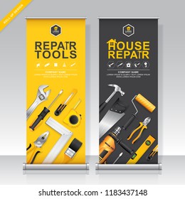 construction tools roll up design, standee and banner template decoration for exhibition, printing, presentation vector illustration