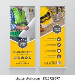 construction tools roll up design, standee and banner template decoration for exhibition, printing, presentation vector illustration