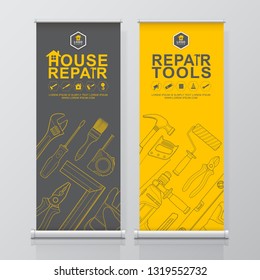 construction tools roll up design, standee and banner template decoration for exhibition, printing, presentation vector illustration