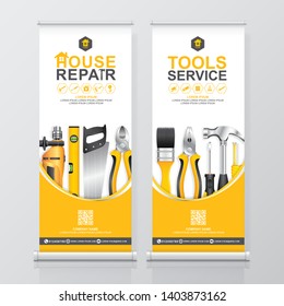 construction tools roll up design, standee and banner template decoration for exhibition, printing, presentation vector illustration