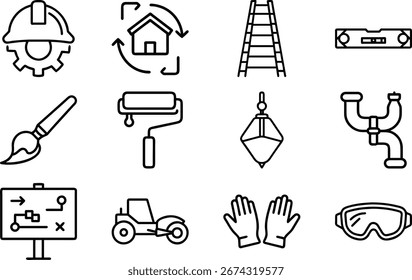 Construction Tools and Safety Equipment Line Icons Set for Building, Engineering and Repair Work